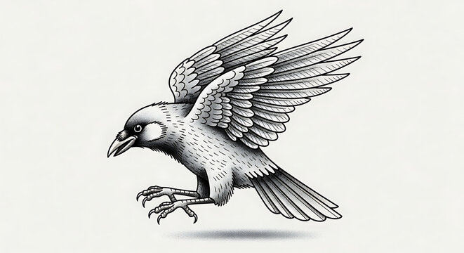 A flying crow tattoo with spread wings and sharp claws, isolated on a transparent background