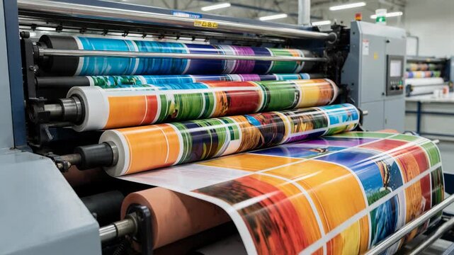 Highspeed offset printing machine producing vibrant glossfinished graphics on flat paperboard sheets showcasing smooth and shiny surface effects under bright lighting.