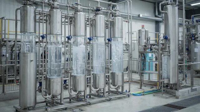 Medium shot capturing ion exchange columns used in recycling wash and rinse water within pigment production lines highlighting ecofriendly industrial practices.