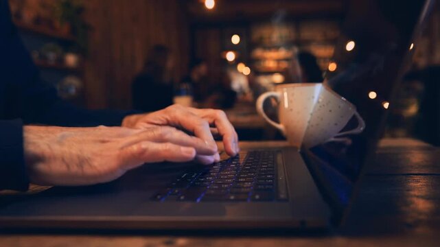 Person typing on laptop keyboard in cozy cafe with steaming cup of coffee relaxing atmosphere