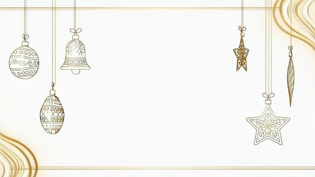 Golden Christmas ornaments hanging on strings with wave pattern frame. Festive holiday background animation with line art baubles and stars for greeting card loop.