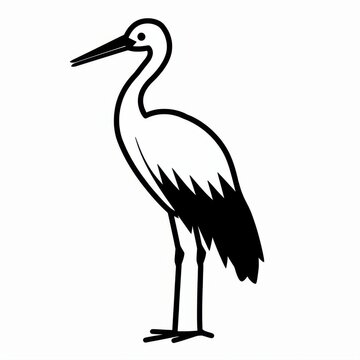 Black and White Illustration of Elegant Stork Standing on One Leg