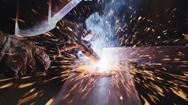 A skilled welder's helmet snaps shut as a brilliant arc erupts, fusing metal with a shower of intense sparks.