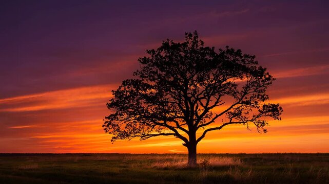 A lone tree stands tall in a vast grassy field under a vibrant transforming sky at sunset