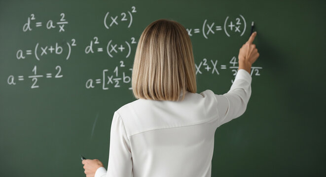 Woman teaching algebra on classroom chalkboard