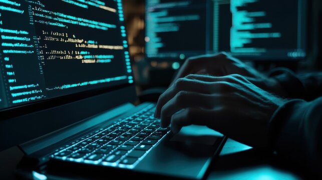 Hands typing on laptop keyboard with code on screen