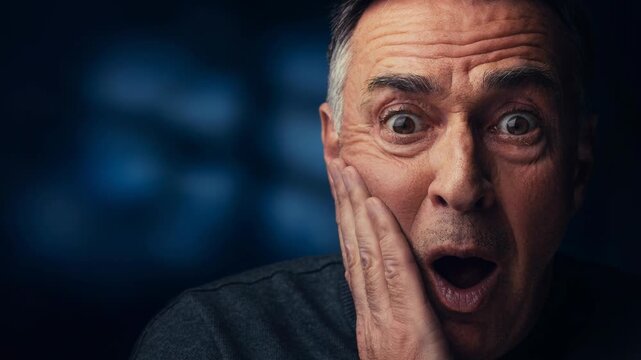 Middle aged man shocked with wide eyes and hand on cheek reacting in dark room emotional expression