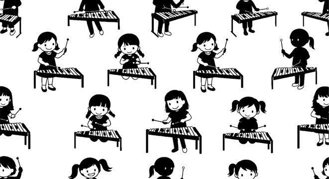 Cute cartoon girls playing xylophones in repeating pattern design.