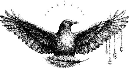 Obraz premium Crow spreading wings with hanging droplets on white background