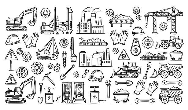 Hand drawn mining and factory doodle icon set with industrial machinery tools and safety gear vector illustration
