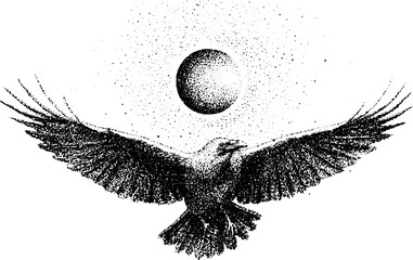 Obraz premium Raven soaring with outstretched wings beneath dotted orb