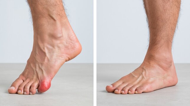 Split frame showing a large red bony bunion with an angled big toe versus a straight smooth corrected foot.
