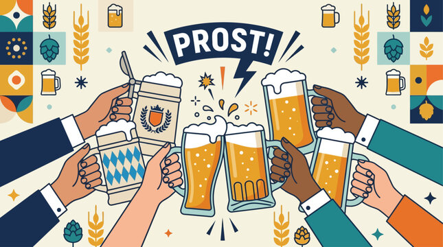 A vibrant flat design illustration capturing the communal spirit of "Prost!" with multiple hands clinking traditional Bavarian beer steins. This clean, modern vector embodies Oktoberfest camaraderie.
