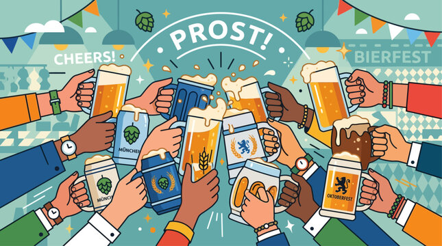 A vibrant flat design illustration capturing the communal spirit of "Prost!" with multiple hands clinking traditional Bavarian beer steins. This clean, modern vector embodies Oktoberfest camaraderie.
