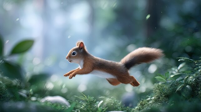 Boomerang cute animation of squirrel leaping for a nut and bouncing back in a loop in a magical forest scene, soft light, 