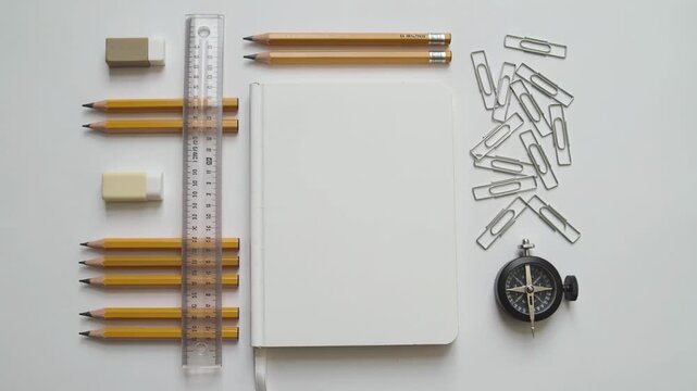 Stationery arrangement with yellow pencils, ruler, erasers, notebook, paper clips, and compass on a white background showcasing organized workspace elements