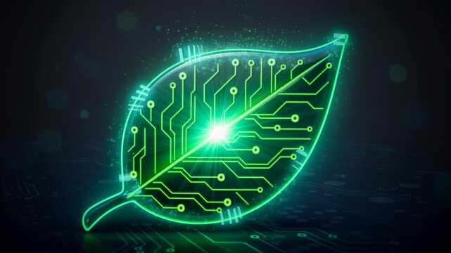 Glowing neon green leaf with intricate circuit patterns pulsing with energy vibrant nature technology concept