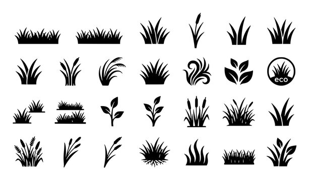 Lawn Grass Icon Silhouette Vector Collection with Organic Eco Plant Symbols