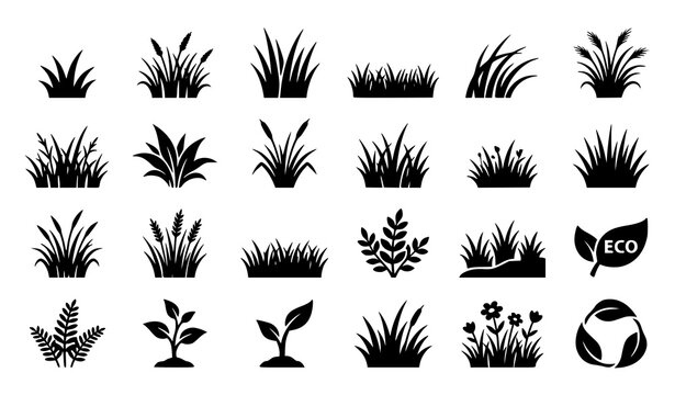 Black Grass Silhouette Vector Set with Natural Lawn Plant Logo and Eco Icons