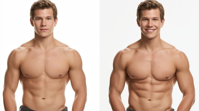 Split frame showing a completely flat underdeveloped male chest versus well defined rounded pectoral contours.