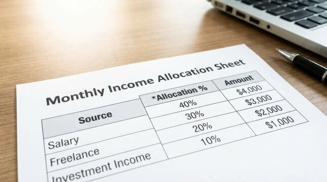 Close Up of Monthly Income Allocation Schedule for Budgeting.