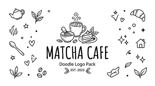 Matcha cafe doodle logo pack.