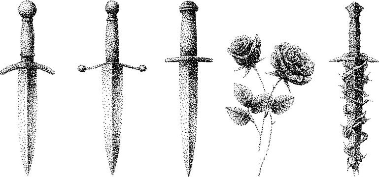 Multiple daggers and rose stems arranged on white background