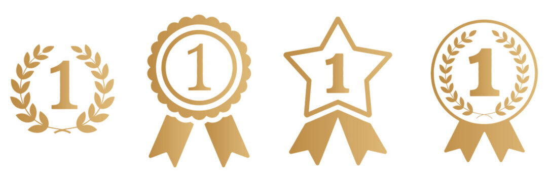 No 1 gold logo icons showcasing luxury golden badges, winner emblems, and first place award symbols isolated on transparent background. Vector illustration.
