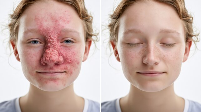 Split frame showing a severely thickened lumpy red bulbous nose versus a normal proportionate smooth nose. Fictional depiction.
