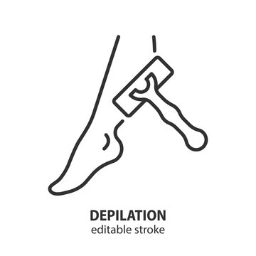 Depilation line icon showing a woman leg being shaved with a razor. Minimalist line graphic for beauty care, grooming, hygiene, and skincare routine. Vector illustration of hair removal. Editable stro