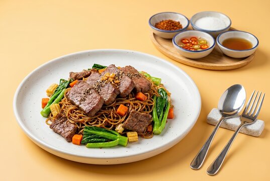 Generated ai set photos Stir-fried rice noodles with beef and vegetables in soy sauce.