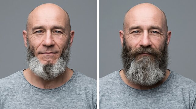 Split frame showing a patchy beard with large hairless bald gaps versus a full evenly dense uniform beard.