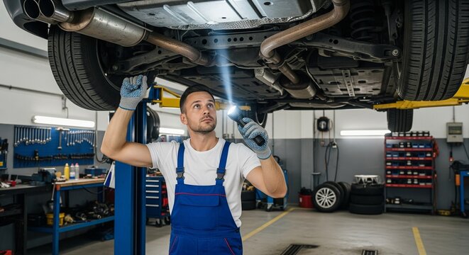 Automotive mechanic in blue overalls using a flashlight to inspect the underside of a car lifted