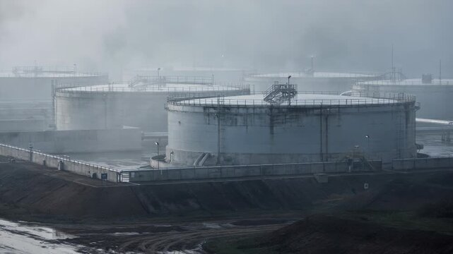 Light mist enveloping a tank farm with floating roofs in a medium shot capturing the soft silhouettes of large storage tanks and protective containment structures.