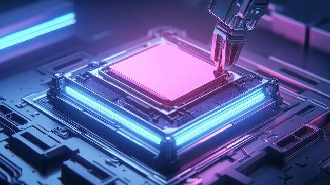 Robotic arm precisely assembling a computer chip in a factory