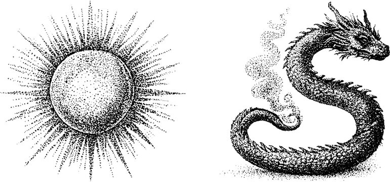 Sun disc radiating beside coiled dragon on white background