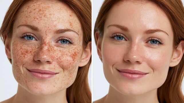 Split frame showing a blotchy uneven complexion with redness, sun spots, and pale patches versus a uniformly even radiant skin tone.
