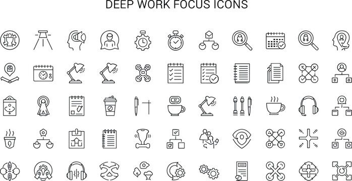 Deep Work Focus Icon Set With Productivity Time Management Vector Illustration For Concentration Workflow Design
