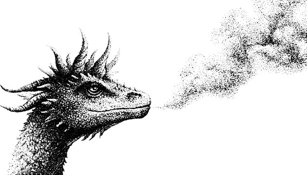 Spiky maned dragon breathing smoke in white background