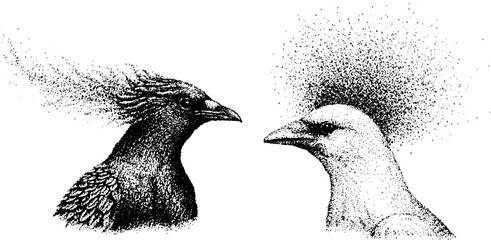 Obraz premium Two bird heads facing each other on white background