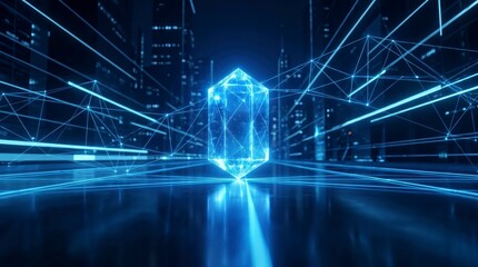 Obraz premium Glowing blue crystal in futuristic city with network lines