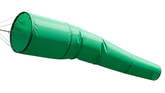 A bright green windsock attached to metal wires, isolated against a solid black background, showing wind direction and speed indicator