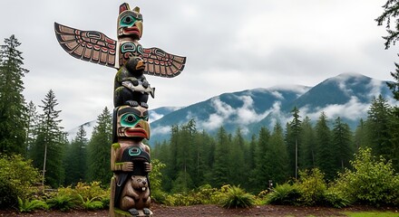 Obraz premium Vibrant native american totem pole in lush forest with mountainous background