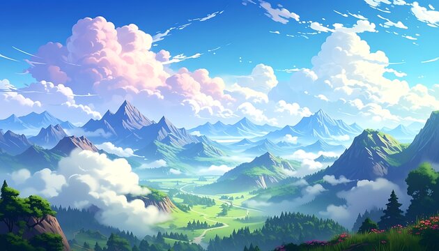 Lush green valleys nestled between misty mountains under a partly cloudy, bright blue anime-style sky