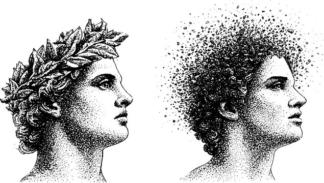 Two classical male profiles facing right in stipple study