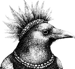 Obraz premium Crow wearing beaded necklace and spiky crown on white background