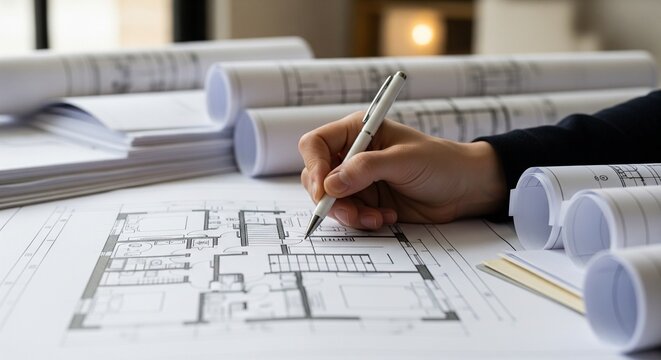 Architect's hand with pen reviewing blueprints on desk with rolled plans and stacks of paper