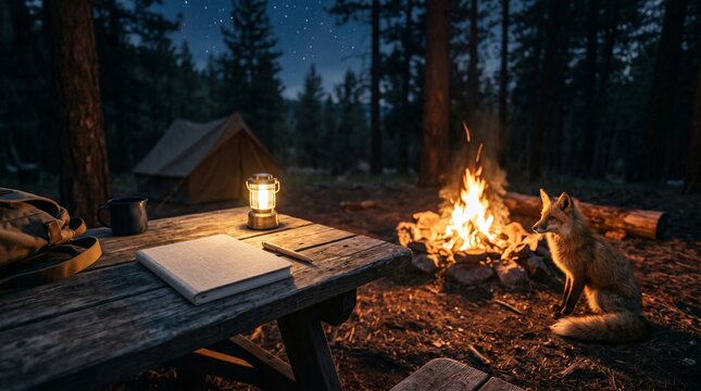 A wild fox sits by a warm campfire at night near a camping tent in the forest.