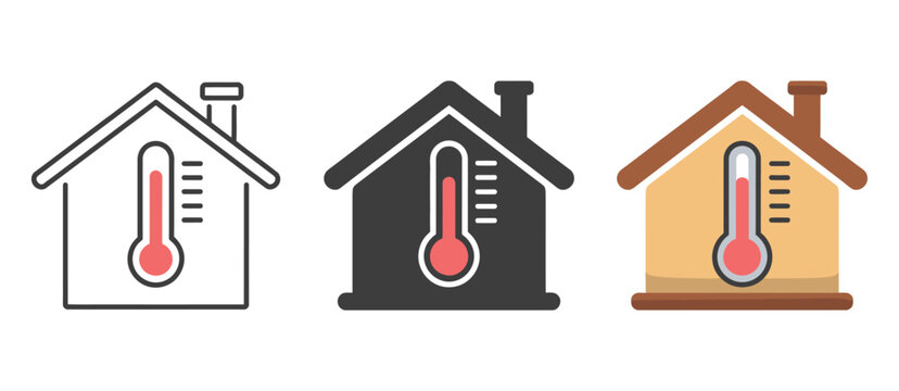Smart home temperature icons displaying thermostat and climate control symbols in stroke, filled, and colored styles for smart living technology applications. Vector illustration.