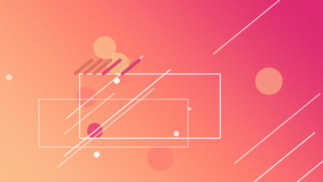 Abstract layered UI frames, circles, and diagonal streaks in vibrant coral and magenta convey a playful modern tech vibe with room for headlines.